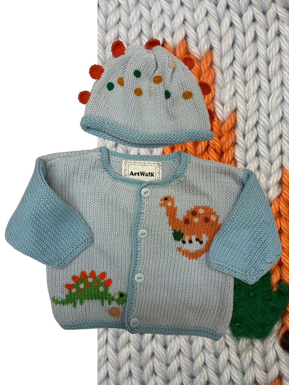 Dino's Land by Art Walk Knit Baby Cardigan & Hat Set Size 6 Months